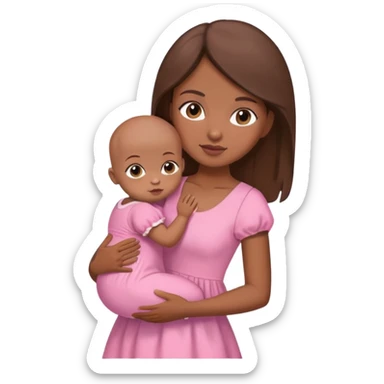 Brown girl with brown hair holding a bald brown baby wearing a pink dress sticker