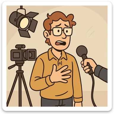 cartoon style illustration of a person being interviewed on camera, with a spotlight and interviewer holding a microphone sticker