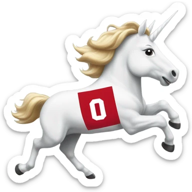 Unicorn running through football field wearing Ohio state university shirt sticker