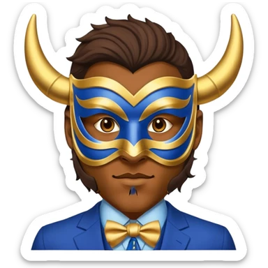 a man, with a Blue suit,  wear half-face golden Buffalo masquerade mask sticker