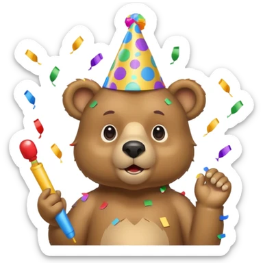 Partying bear cub with confetti and party blower sticker