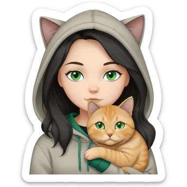 White girl blue eyes black balayage long hair beige hoodie cuddling a british shorthair golden cat with green eyes sticker