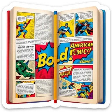 Create a detailed and vintage-inspired emoji representing comic books and graphic novels as a storytelling art form. The design should feature a large, open comic book with pages filled with classic American comic book panels. Include bold, dynamic lines and vibrant colors typical of vintage comics. A pencil (without a hand) should be writing text on the page, symbolizing the creation of the story. The overall design should evoke the classic feel of old-school comic books while incorporating the process of creating a graphic novel. Use rich, bold colors like red, yellow, and blue, and make the background transparent sticker