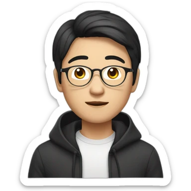 A mature Chinese boy with black hair and circle-shaped eyeglasses wearing black hoodie sticker