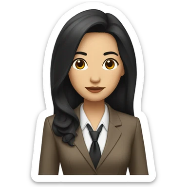 Female defense attorney with long black hair with brown suit sticker