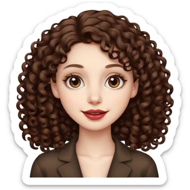 Light brown eyed female with pale skin. She has big eyes, curly and long dark brown hair and thin lips smiling. sticker