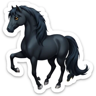 Cinematic Elegant Black Horse Portrait Emoji, Head held high with a serene, powerful gaze, showcasing a magnificent jet-black fur with a radiant, glossy finish, a flowing mane and tail, and piercing dark eyes exuding beauty and strength, Simplified yet majestically refined features, highly detailed, glowing with a soft, ethereal light, high shine, poised and breathtaking, stylized with an air of pure elegance, capturing the essence of a stunning and graceful steed, so beautiful it feels like it could gallop out of the screen with effortless charm! sticker