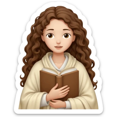slender girl with fair skin with long curly brown hair wrapped in a cream blanket in her hands a white book eyes closed sticker