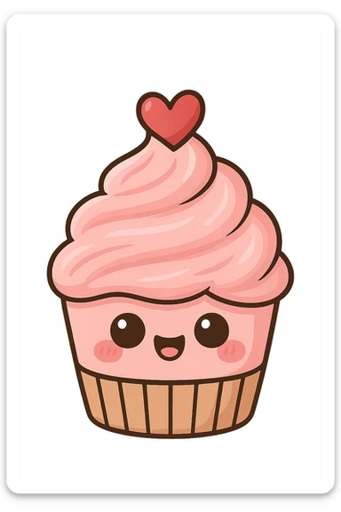a cute pink cupcake with a heart, original design, big eyes, blushing cheeks, joyful sticker