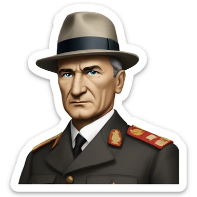 a portrait of mustafa kemal ataturk with blue eyes looking at turkey flag sticker