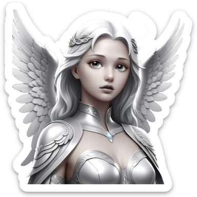 Cinematic Angel, Ultra realistic 32k HD, Breathtaking piece of art, rim lighting, hauntingly beautiful art, mostly greyscale, Balanced features, highly detailed digital artwork, glowing with silver light, glowing, high shine, deviant adoptable, highly detailed clothing, remembrance, a painting of white silver, fanciful, enchanting, ghostly, embodying the essence of both reality and fantasy, dreamy, dreamy glow, optical illusion, immaculate composition, complex pose, air composition. The image is so lifelike that it feels as though it could leap off the canvas at any moment sticker