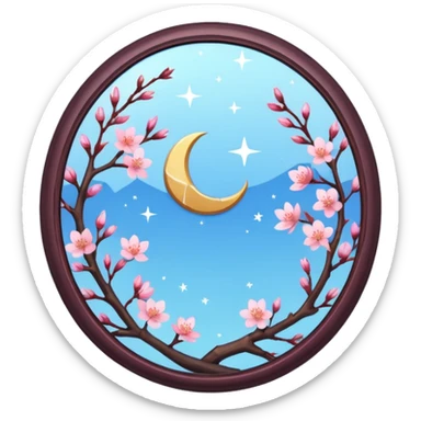 A crescent moon inside a broken mirror, with cherry blossoms floating around. sticker