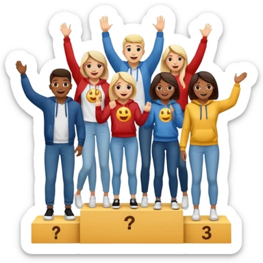 winners’ podium with multi-racial people, middle step higher, fun casual clothes like jeans, t-shirts, and hoodies, excited, fun, expressive emoji style sticker