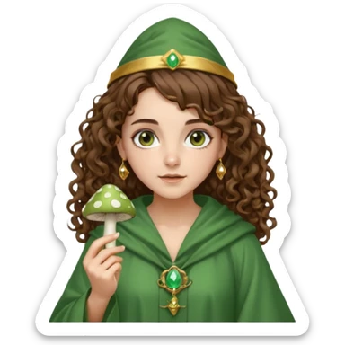 very beautiful italian girl, looking like Emma Watson, with curly and big volume very bright brown hair, and a golden piercing ring in nose on left side, dressed in a beautiful wizard robe of green colors, holding fly mushroom sticker