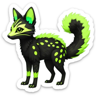 Rare realistic black edgy toxic radioactive-themed black fur with neon-lime-green-glowing  epic handsome gorgeous aesthetic vibrant Vernid-Trico-Genet-species-hybrid-Fakemon-creature by LiLaiRa, 4 legs, 1 tail, random markings, (full body) sticker