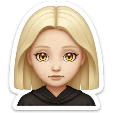 Stylized cult cartoon girl emoji, eerie-cute aesthetic, symmetrical design, subtle spooky vibe, glowing eyes, saying “AMILK”, bold graphic icon sticker