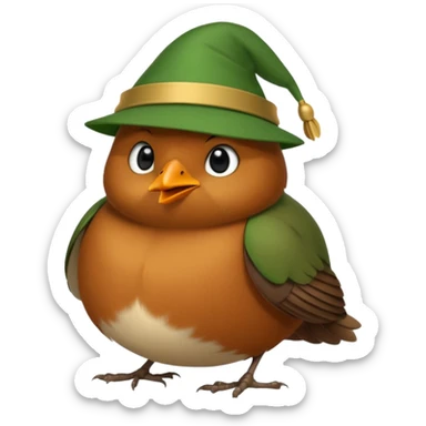a cute and simple cartoon of a fat robin bird that has a green robin hood hat sticker