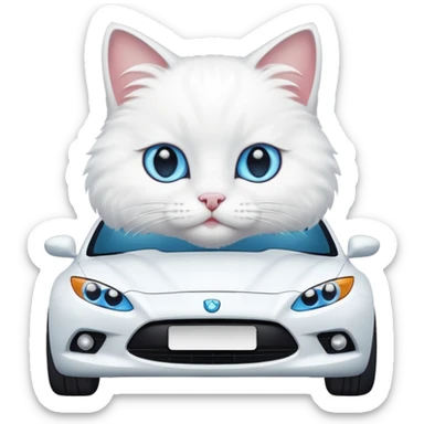 Please create a small emoji the size of 🚗 featuring a pure white cat with blue eyes on a white car. sticker
