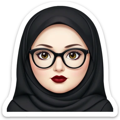 big plus size, pale skin, black hijab, baddie,pretty, makeup, dark red lipgloss, black eyeliner, long hair, black shirt, black glasses sticker