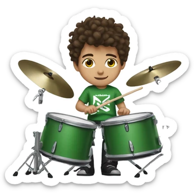 Kid with brown hair playing drums wearing a green day shirt sticker