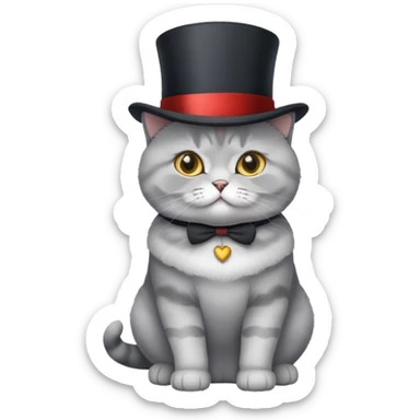 British Shorthair cat full body sitting with a top hat sticker