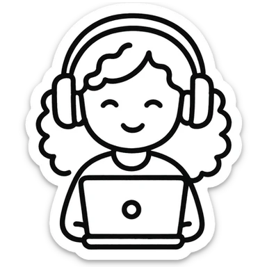 hand drawn outline icon of a curly hair girl with headphones and a laptop sticker