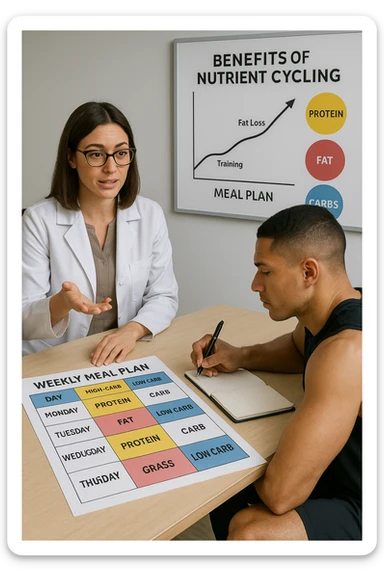 a nutritionist explains to an athlete how to cycle macronutrients for fat loss and training. On the desk, a weekly meal planner shows alternating high-carb and low-carb days, with color-coded sections for proteine, grassi, and carbo. The athlete takes notes, and a chart in the background illustrates the benefits of nutrient cycling. The mood is professional and educational. scritto in italiano sticker