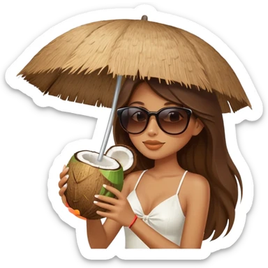 Girl with long brown hair wearing sunglasses and sipping from a coconut elegant sand and white aesthetic umbrella  sticker