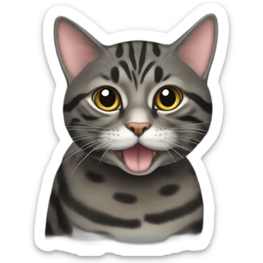 Black mackerel tabby cat eating a rat sticker