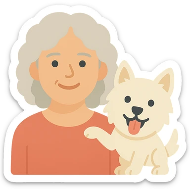 Make the Westie dog playful, with an energetic pose or playful expression, keep the 50-year-old lady with silver curly hair smiling sticker