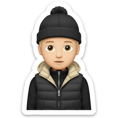 A guy in a hat, black hoodie, and a puffer vest sticker