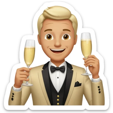 A happy man in party clothes laughs while drinking champagne straight from the glass. sticker
