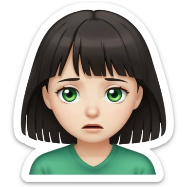 Girl with wispy bangs, dark hair, white skin and green eyes, crying sticker