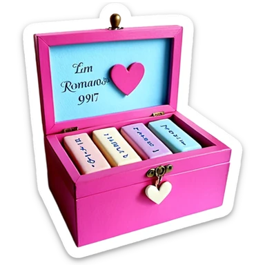 Una cajita rosa pastel con detalles fucsia, un recuadro crema con letras fucsias (Declaraciones de Fe – Exitosas con Dios – Romanos 4:17), corazones decorativos con palabras y un corazón azul con el número 99 arriba. sticker