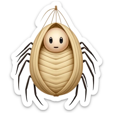 A full body image of a a human-shaped cocoon wrapped in spider silk.
The rounded, segmented wrapping and the faint lines across the surface resemble the way spiders encase prey (or unlucky characters) in silk this is meant to be a web-wrapped human body sticker