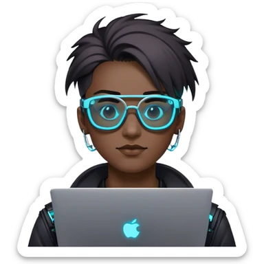 An emoji of a person with a laptop, but wearing cyberpunk glasses and with a slight neon glow sticker