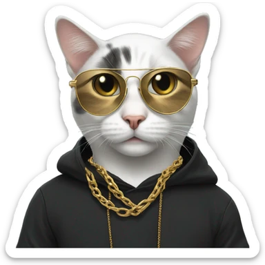 Create a cat wearing a black hoodie, with aviator glasses and a gold chain  sticker