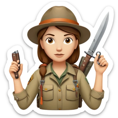 Female wilderness explorer Melissa Backwoods holding a survival knife sticker