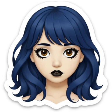 alternative / emo hispanic girl with very long dark blue wavy hair, bangs, BROWN LIPS, long black eyeliner, long eyelashes, and BLACK eyes  sticker