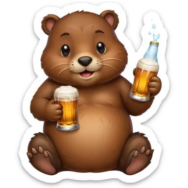 A chubby beaver hugging a beer bottle with both paws sticker