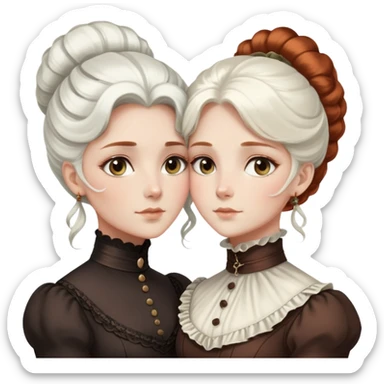Two Victorian women with light eyes hugging closely, one with elegant white coiffed hair and one with dark copper coiffed hair, both wearing high-necked Victorian turtleneck dresses sticker