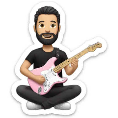 white man with dark beard and black t shirt and pastel pink stratocaster electric guitar sticker