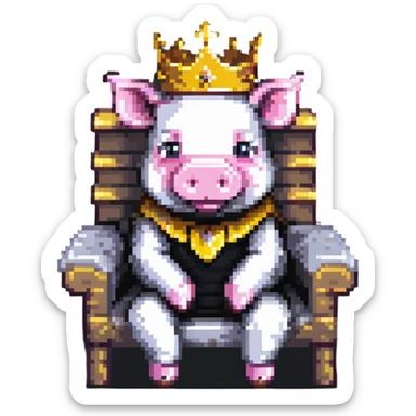cartoon-like pixel art pig with a golden crown sitting on a throne, blocky and square like Minecraft, playful and expressive sticker