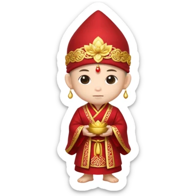 A small chibi-style monk character with red ceremonial robe with layered fabric and decorative gold-like patterns and an ornate red monk hat shaped like lotus petals.

 sticker