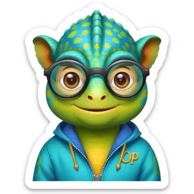 un camaleon de emoji y tierno con colores brillantes no tan verde  con unos lentes puestos, y ropa de bad boy donde tiene escrito "DOPI" y muy sonriente sticker