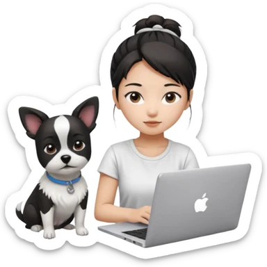 Asian girl with messy bun hair, wearing a white t-shirt, working on an Apple laptop, next to her is a small black and white dog sticker