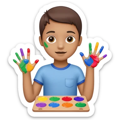 Kid with finger-painted hands and body, palette sticker