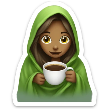 girl inside a blanket sipping coffee ,eyes green sticker