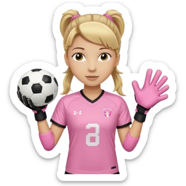 Make a dirty blonde football goalkeeper with goalkeeper gloves on holding a regular football. NOT AN AMERICAN FOOTBALK BALL. The girl is light skinned and wearing a light pink football. Wearing a ponytail with the dirty blonde. Make it without the whole body sticker