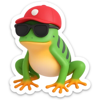 Tiny tropic frog wearing a baseball cap and sunglasses, 3d emoji style sticker